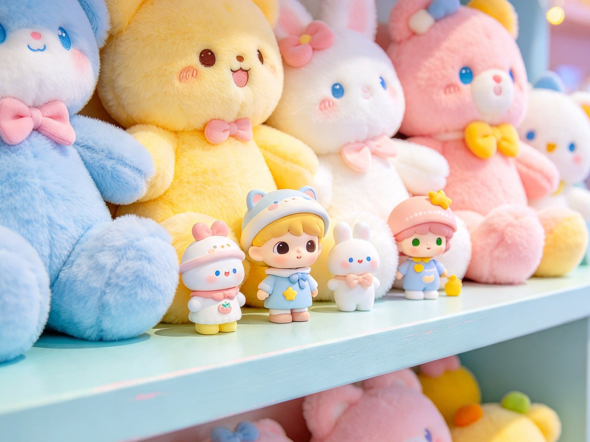 Étagère pastel garnie de peluches et de figurines kawaii