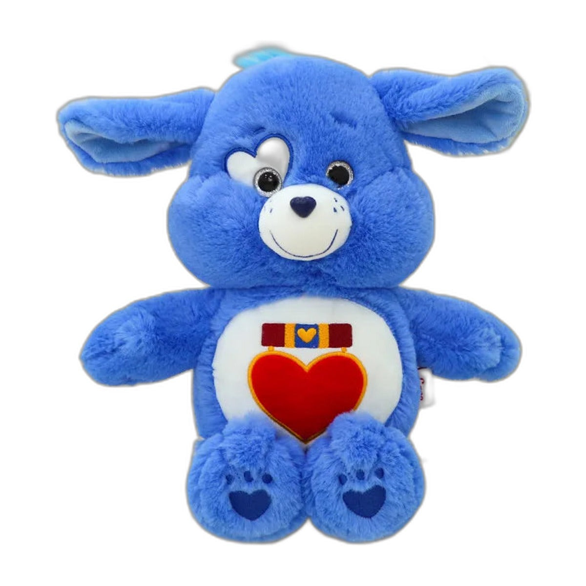 Packshot – peluche chien bleu style Bisounours, cœur brodé, 33 cm