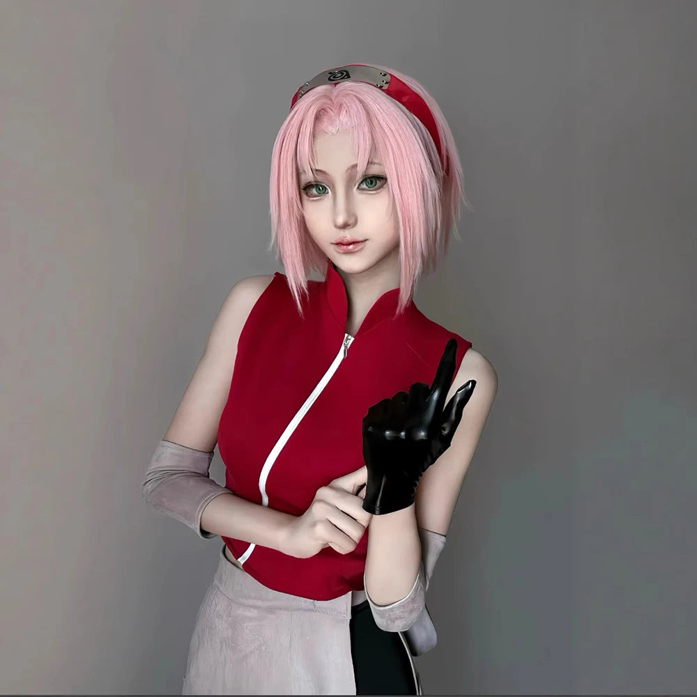 Anime Haruno Sakura Cosplay Costume Girl Top Shorts Set Glove Pouch Accessories Uniform Halloween Clothes Outfit – vue 2