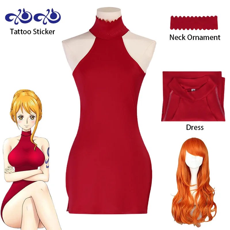 Anime Nami Cosplay Costume Nami Red Dress Unifrom Wig Transfer Tattoos Halloween Costume for Women Comic Con | BubuKawaii