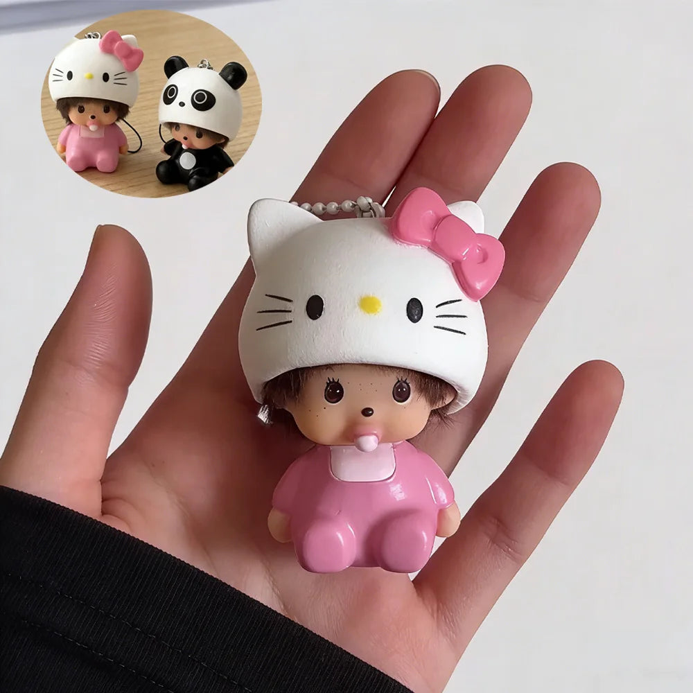 Monchhichi x Sanrio – Hello Kitty & Panda – Figurine Vinyle Porte-Clés – vue 5 | BubuKawaii