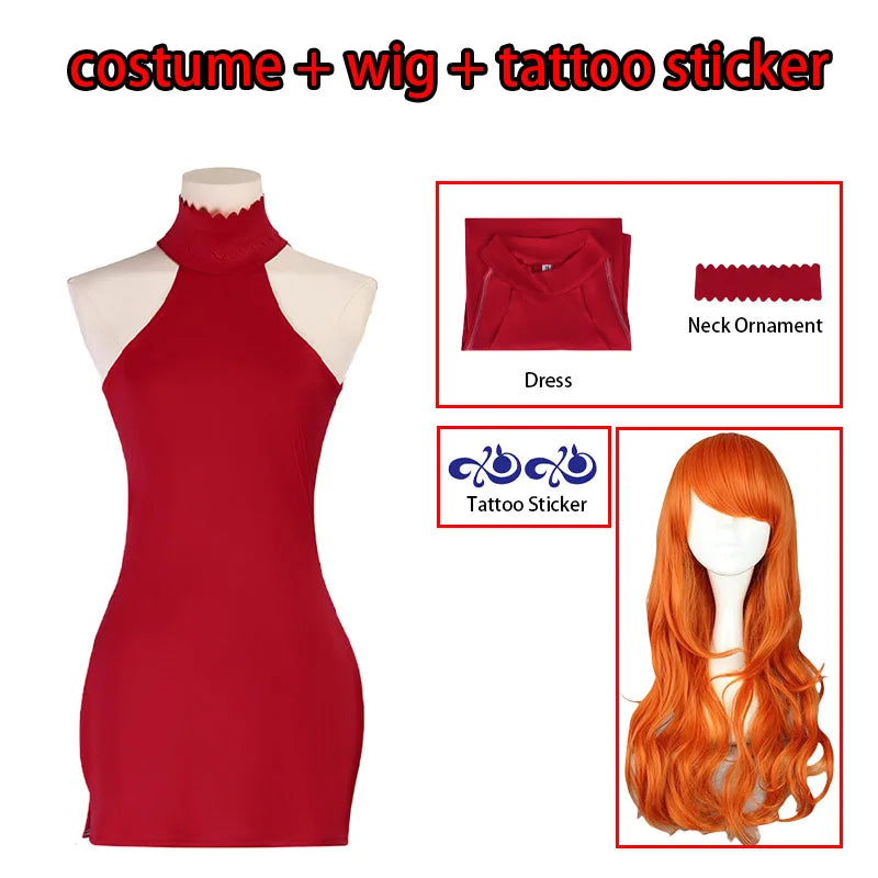 Anime Nami Cosplay Costume Nami Red Dress Unifrom Wig Transfer Tattoos Halloween Costume for Women Comic Con – Perruque de…
