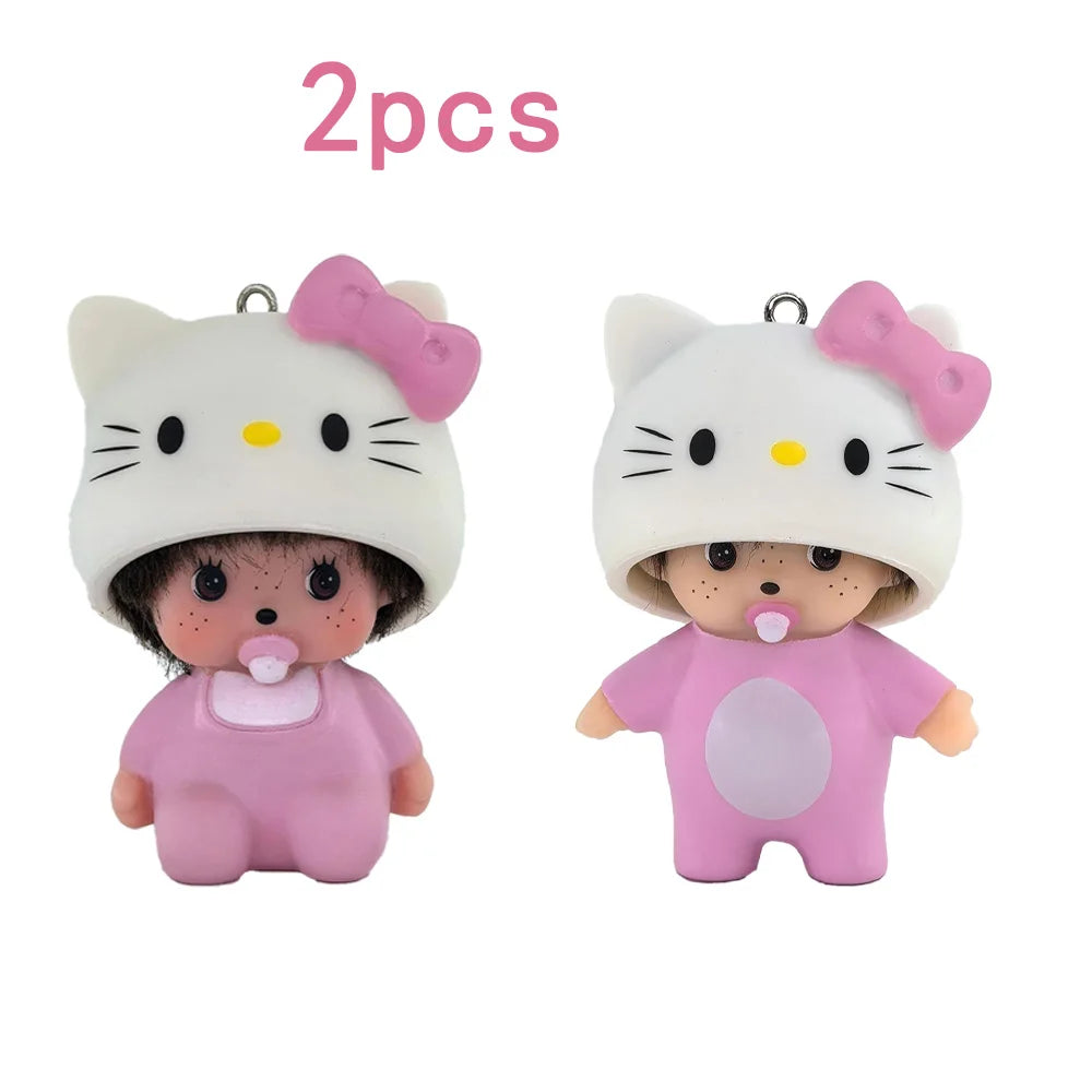 Monchhichi x Sanrio – Hello Kitty & Panda – Figurine Vinyle Porte-Clés – 2pcs | BubuKawaii