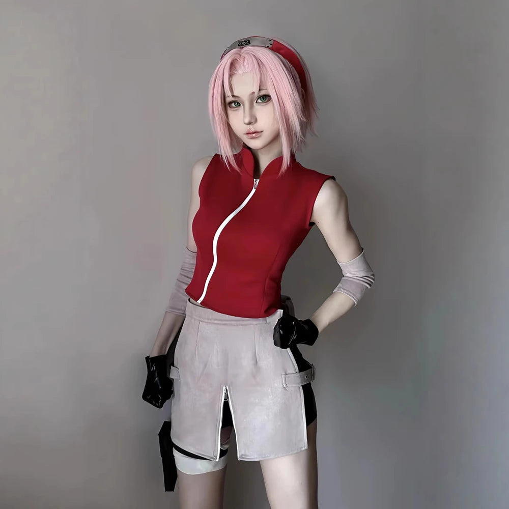 Anime Haruno Sakura Cosplay Costume Girl Top Shorts Set Glove Pouch Accessories Uniform Halloween Clothes Outfit – A