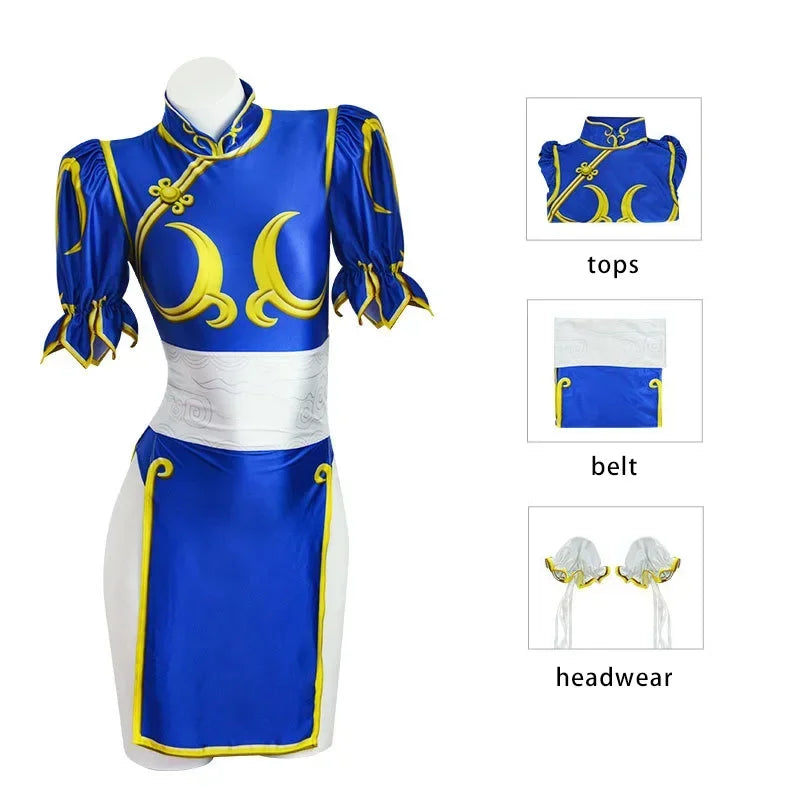 Chun-Li Cosplay Costume – Blue Cheongsam – Dress and Accessories
