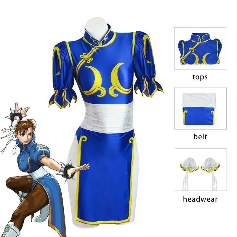 Chun-Li Cosplay Costume – Blue Cheongsam – Dress and Accessories