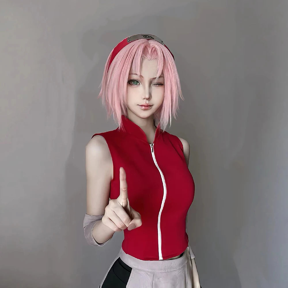 Anime Haruno Sakura Cosplay Costume Girl Top Shorts Set Glove Pouch Accessories Uniform Halloween Clothes Outfit – vue 3