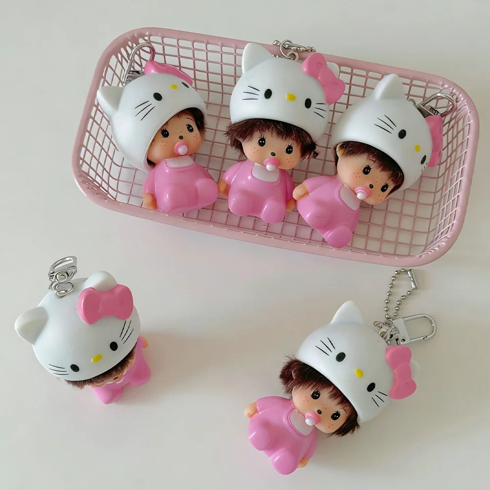 Monchhichi x Sanrio – Hello Kitty & Panda – Figurine Vinyle Porte-Clés – vue 4 | BubuKawaii