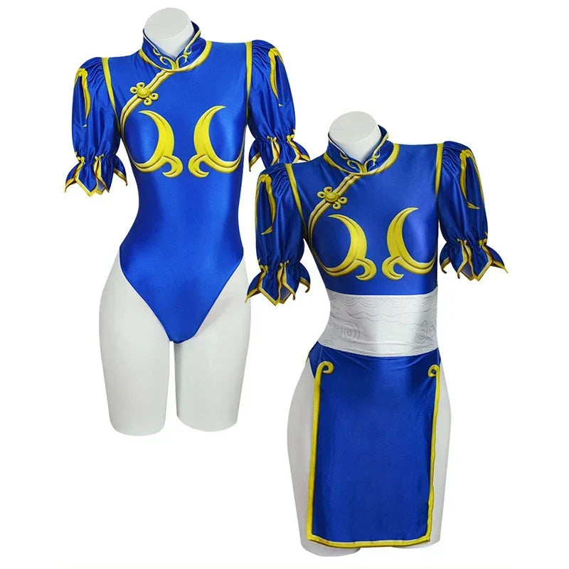 Chun-Li Cosplay Costume – Blue Cheongsam – Dress and Accessories