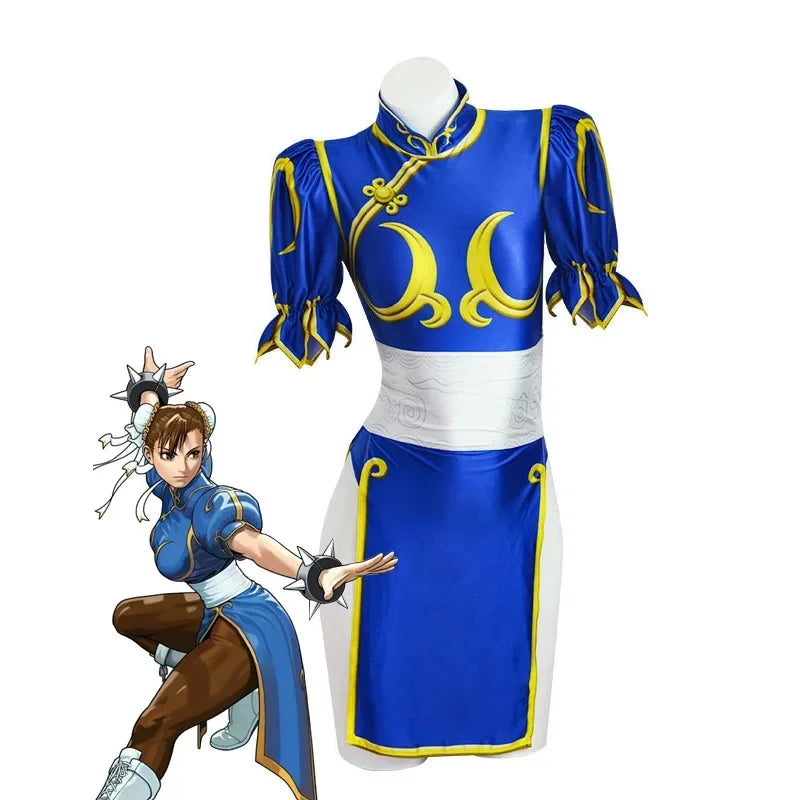 Chun-Li Cosplay Costume – Blue Cheongsam – Dress and Accessories