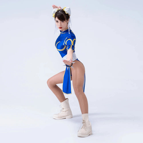 Chun-Li Cosplay Costume – Blue Cheongsam – Dress and Accessories