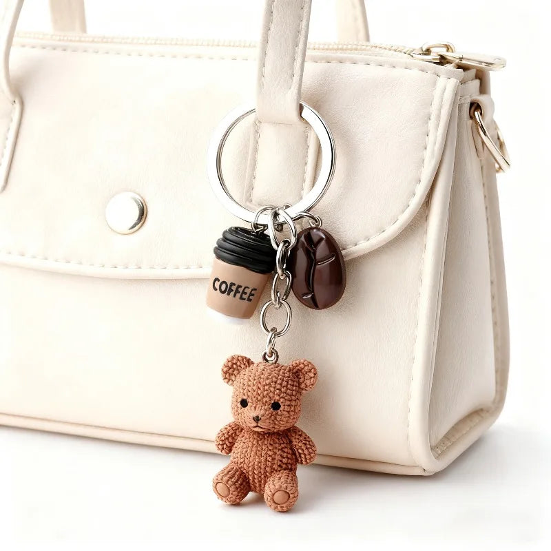 Teddy Bear Coffee Keychain Brown Resin Pendant with Metal Ring Closure Cute Gift for Coffee Lovers Birthday Party Favors