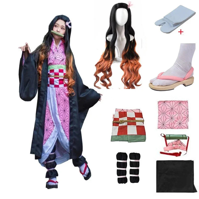 Demon Slayer Kamado Nezuko Cosplay Halloween Costume Party Clothes Anime Kimetsu No Yaiba Outfit Wig Shoes Set – Costume,…