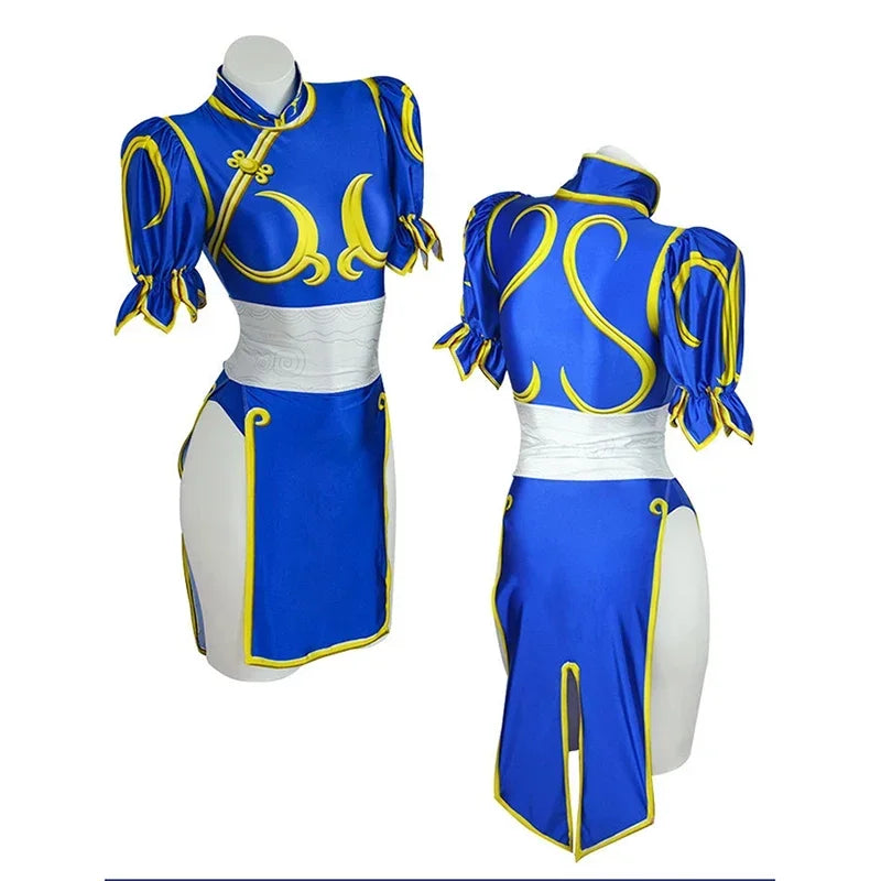 Chun-Li Cosplay Costume – Blue Cheongsam – Dress and Accessories