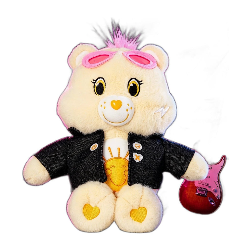 Packshot – peluche Bisounours (Care Bears) 33 cm, veste en jean, modèle Grosfarceur jaune