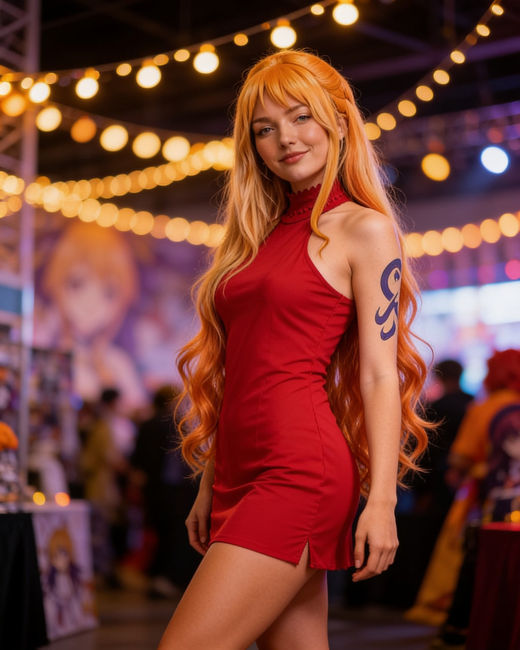 Costume Nami – Robe rouge, perruque et tatouages – en convention