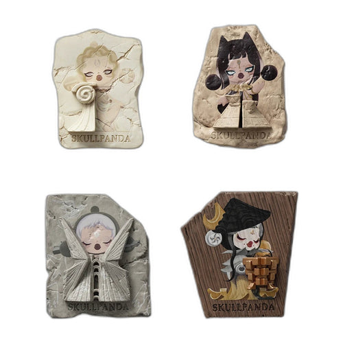 Packshot – les 4 magnets de la série Skullpanda Where Time Dwells