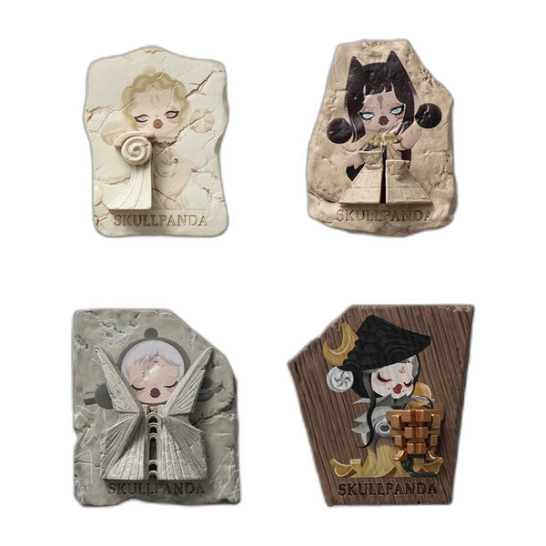 Packshot – les 4 magnets de la série Skullpanda Where Time Dwells