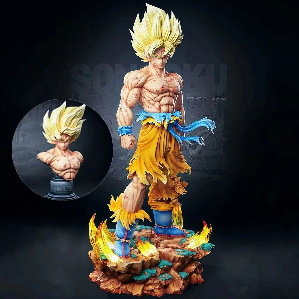 Statue Goku Super Saiyan – Base LED, têtes interchangeables – vue 8 | BubuKawaii